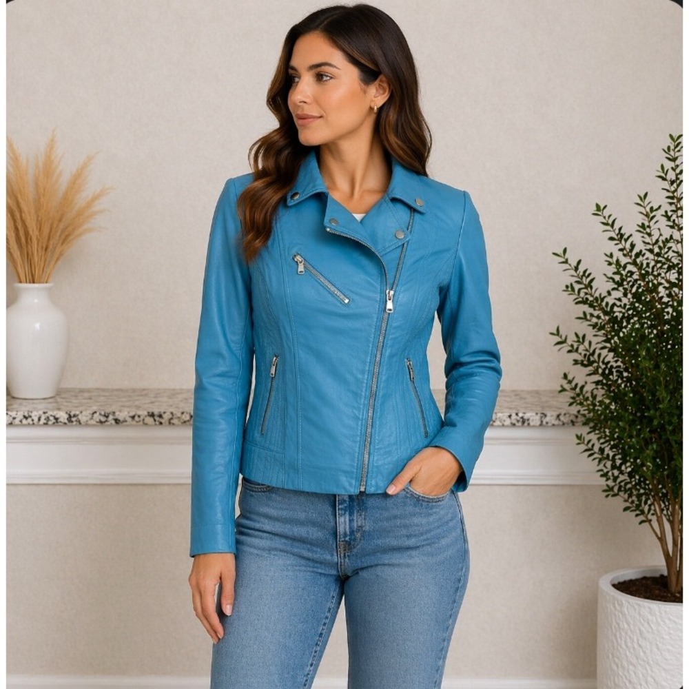 Scully Moto Jacket Women Small Blue Leather Asymmetrical Zip Floral Lining VTG